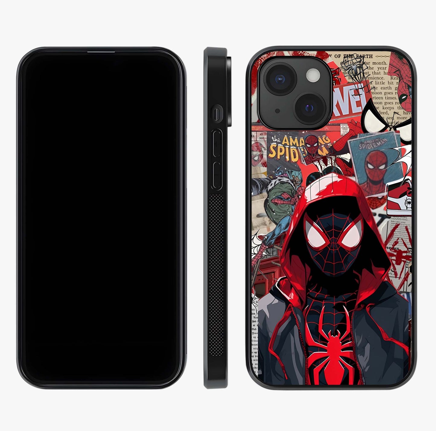 Spider Collage Street Glass Case displayed upright for full design visibility and premium finish.