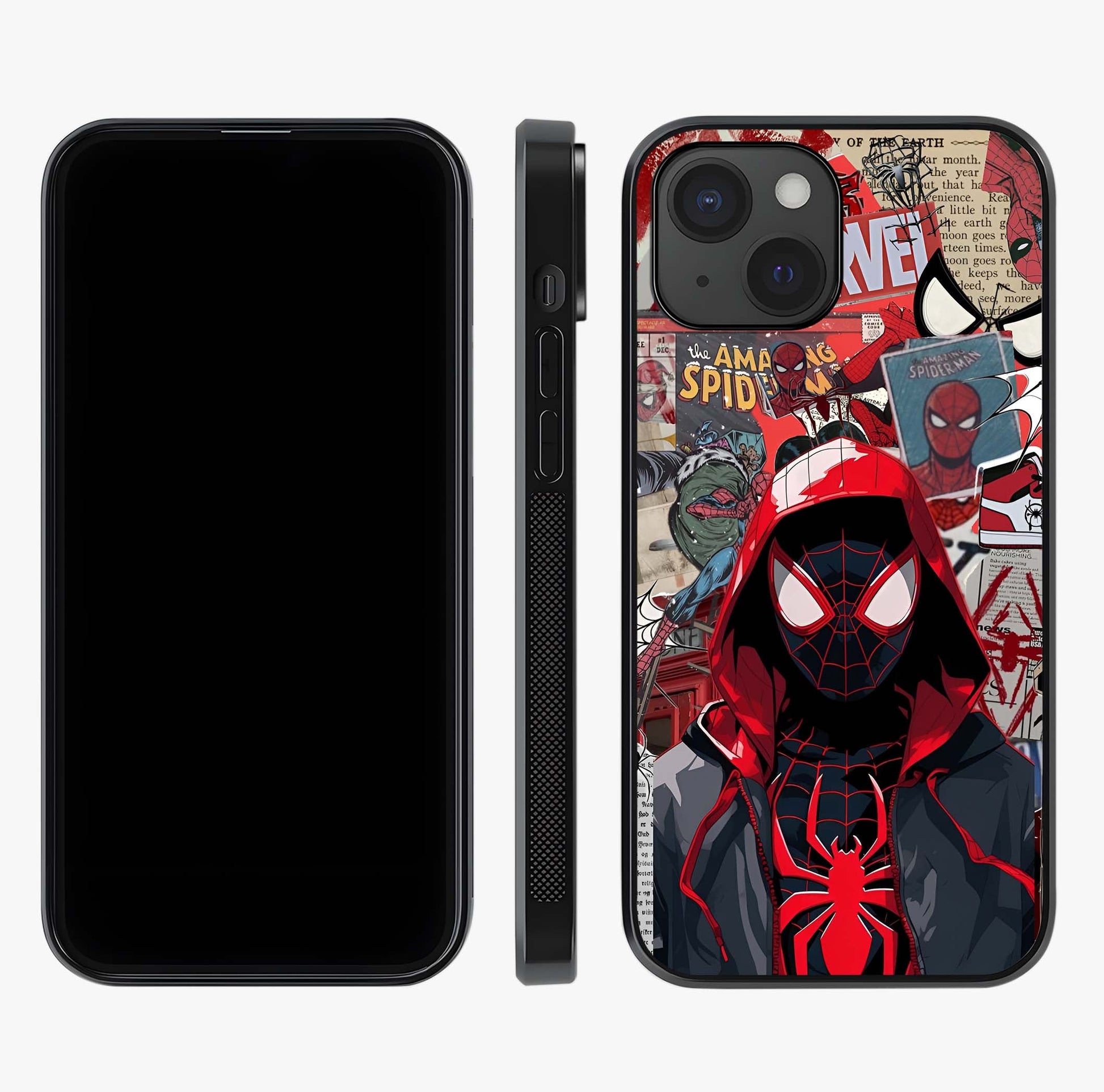 Spider Collage Street Glass Case displayed upright for full design visibility and premium finish.