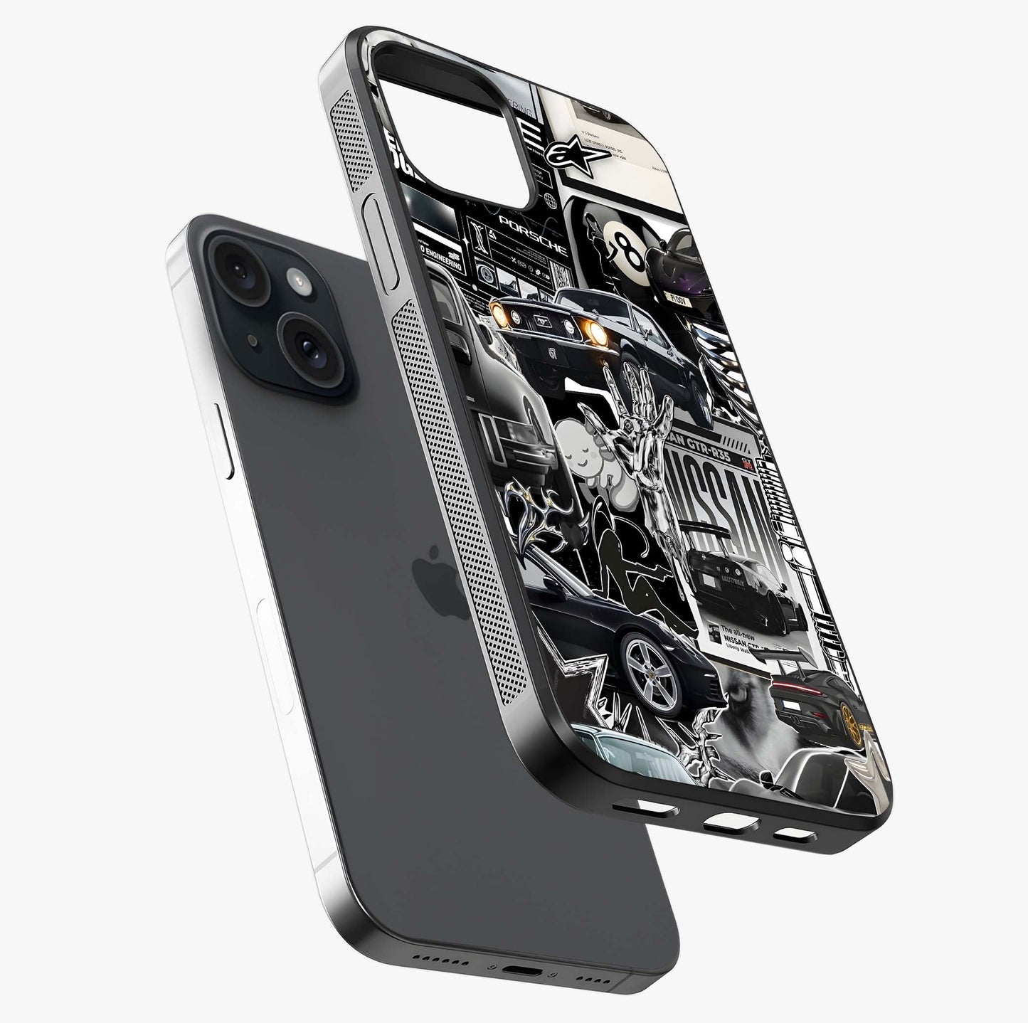 Aesthetic Dark Love Glass Case laid diagonally highlighting side profile, edges and glossy glass shine.