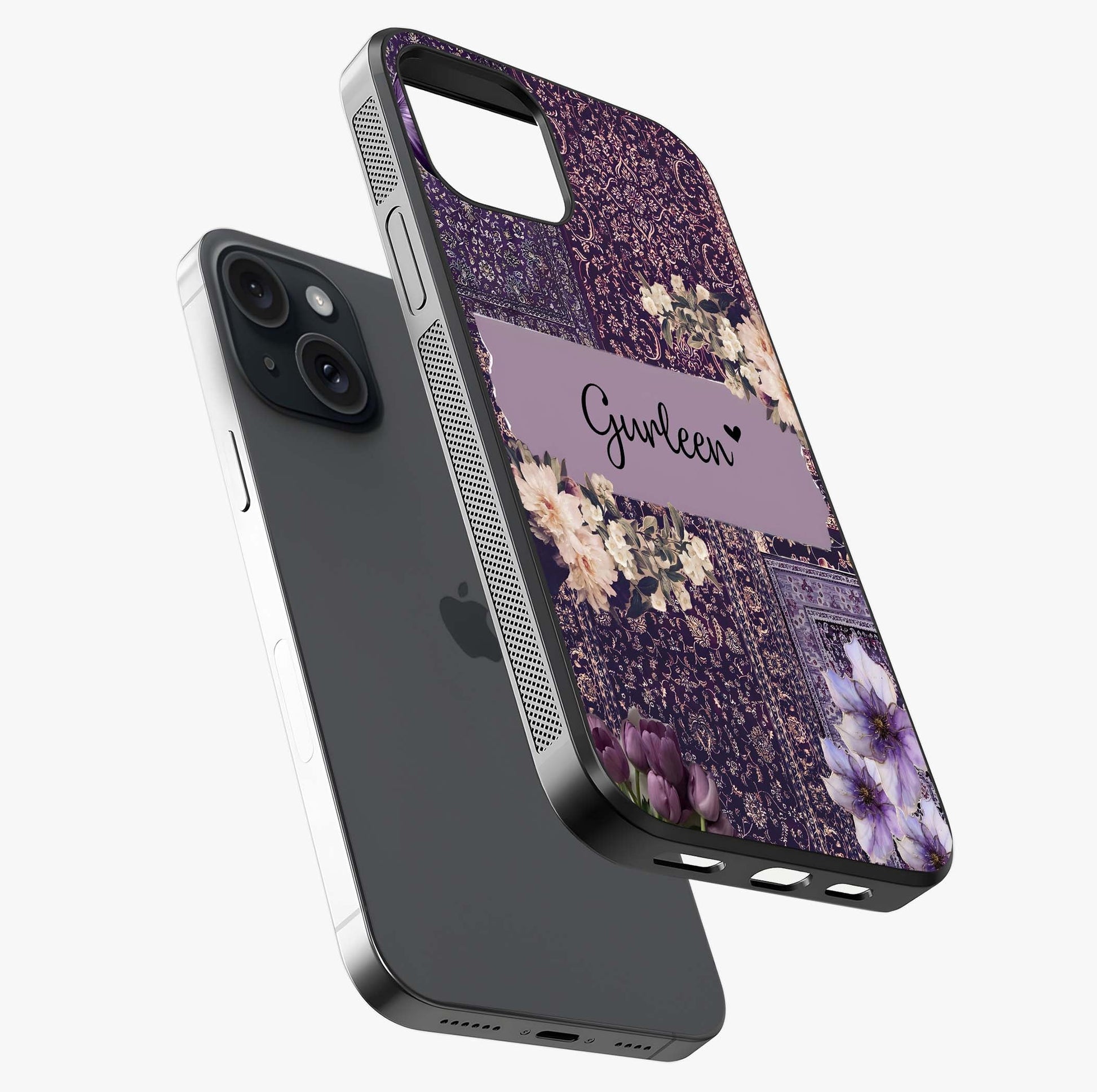 Antique Floral Whisper Custom Name Glass Case laid diagonally highlighting side profile, edges and glossy glass shine.
