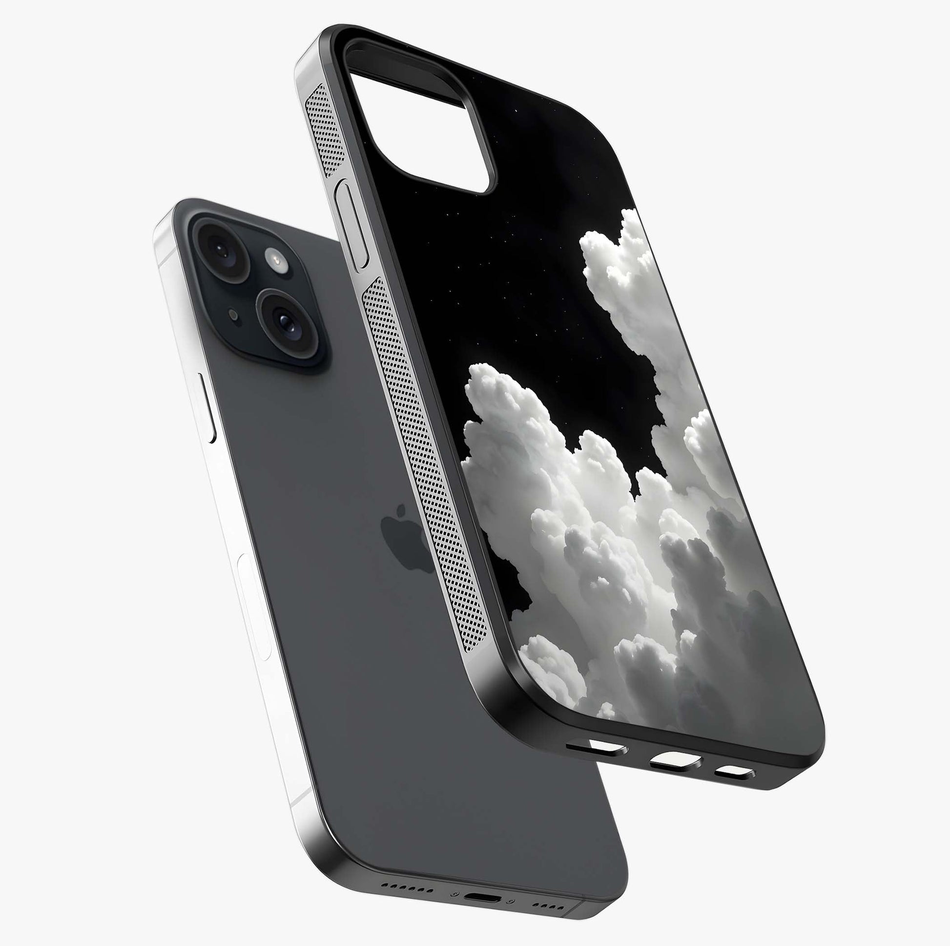 Black Background With White Cloud Glass Case laid diagonally highlighting side profile, edges and glossy glass shine.