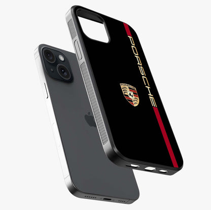 Black Minimal Porsche Glass Case laid diagonally highlighting side profile, edges and glossy glass shine.