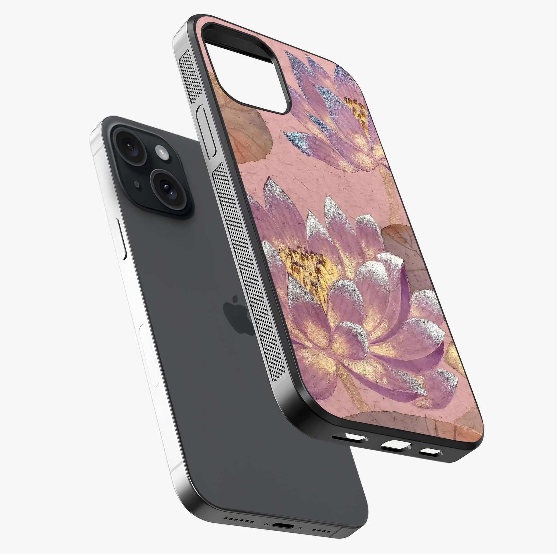 Blossom Mist Lotus Glass Case laid diagonally highlighting side profile, edges and glossy glass shine.