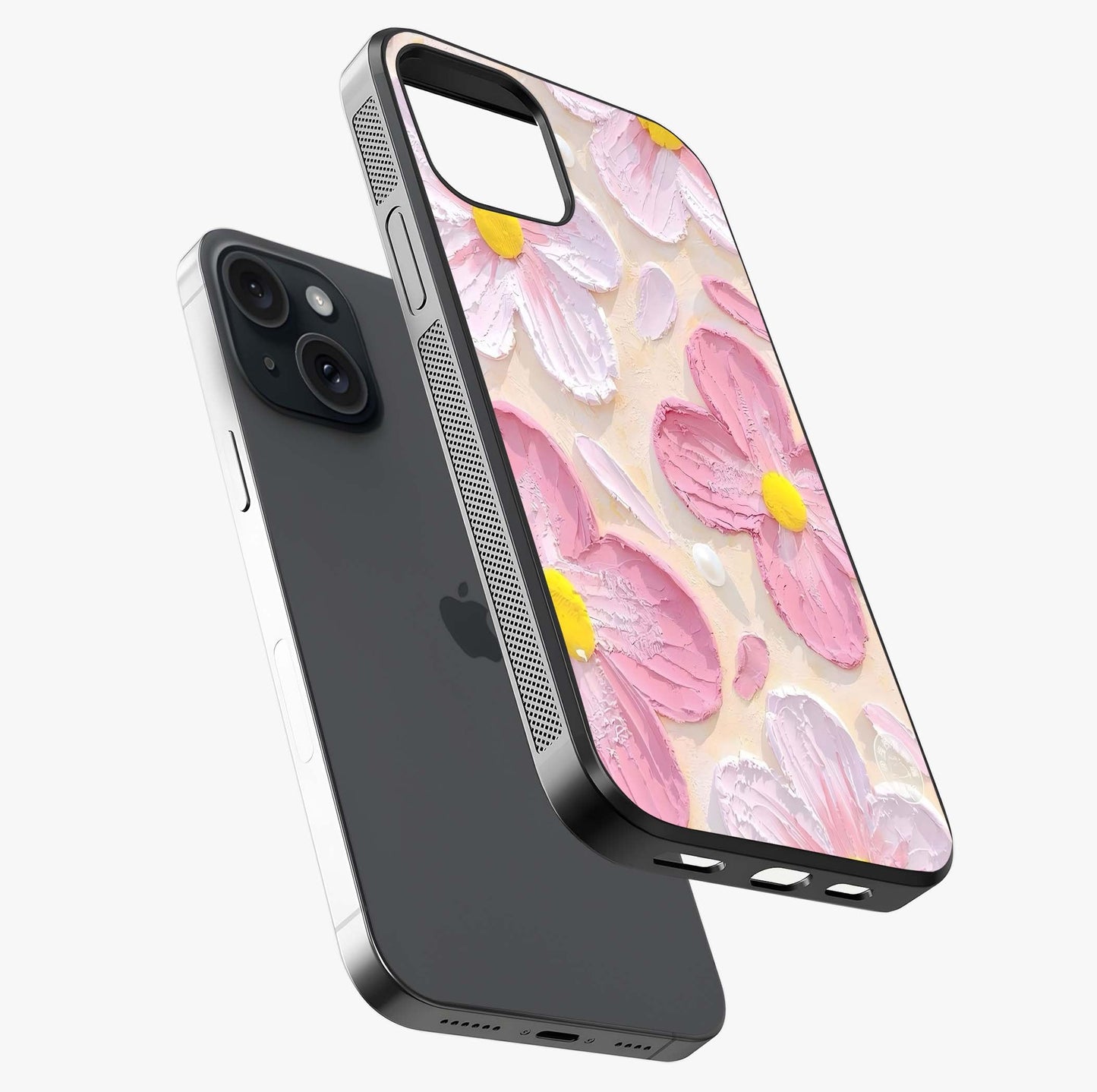Blush Bloom Texture Glass Case laid diagonally highlighting side profile, edges and glossy glass shine.