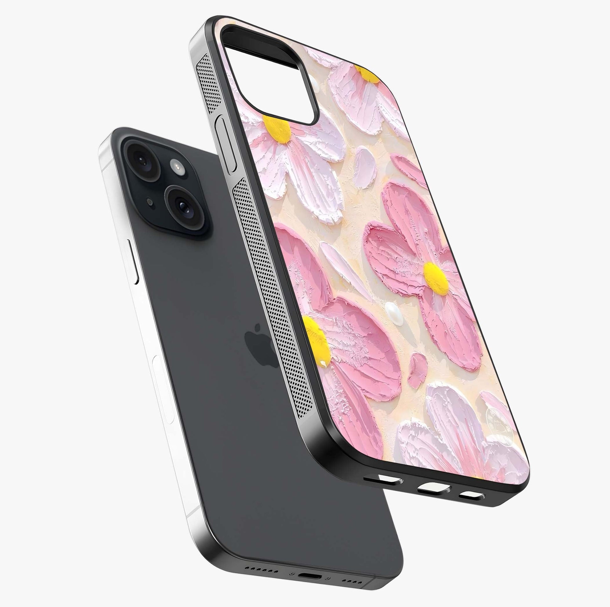 Blush Bloom Texture Glass Case laid diagonally highlighting side profile, edges and glossy glass shine.