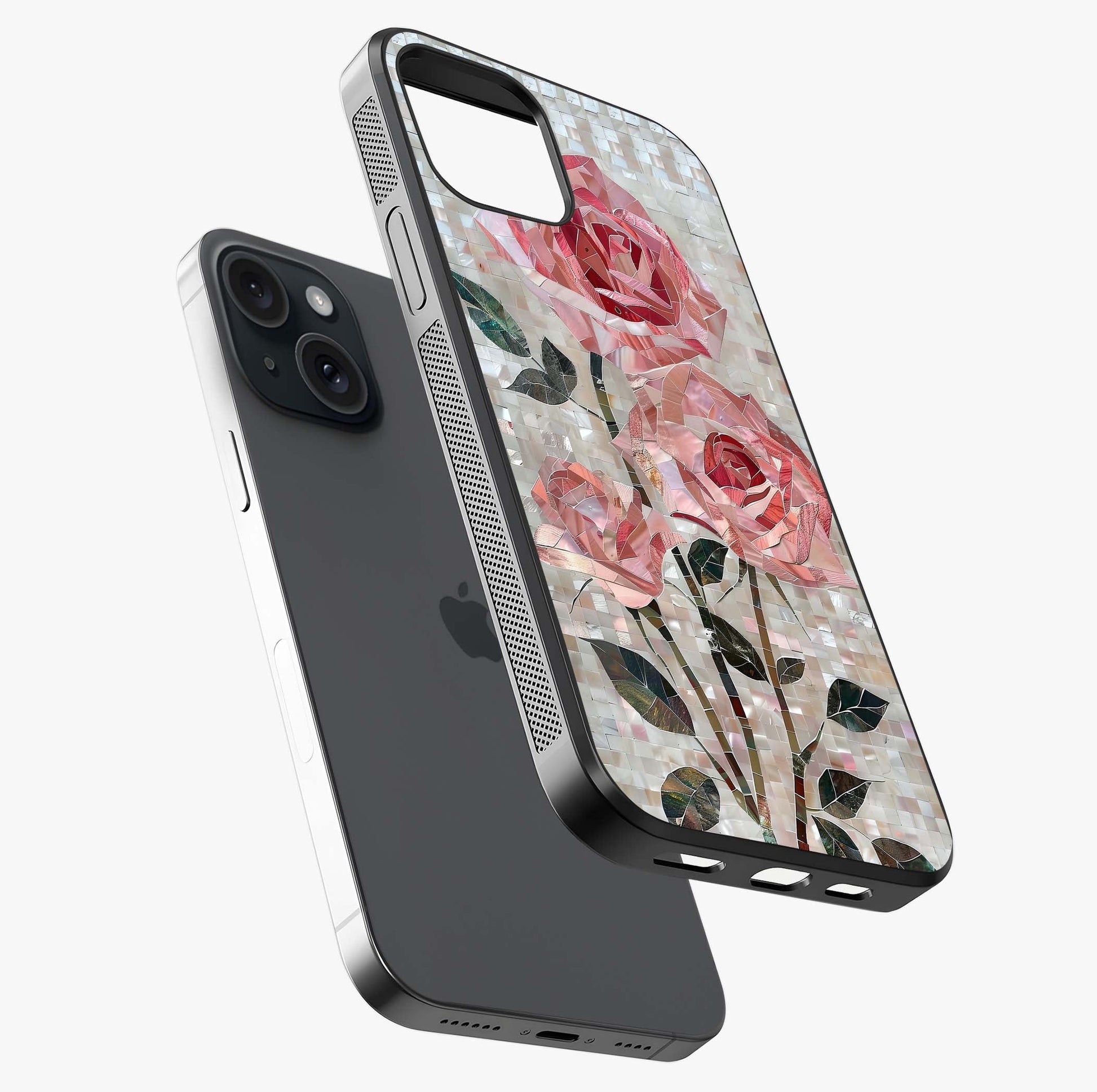 Blush Mosaic Bloom Glass Case laid diagonally highlighting side profile, edges and glossy glass shine.