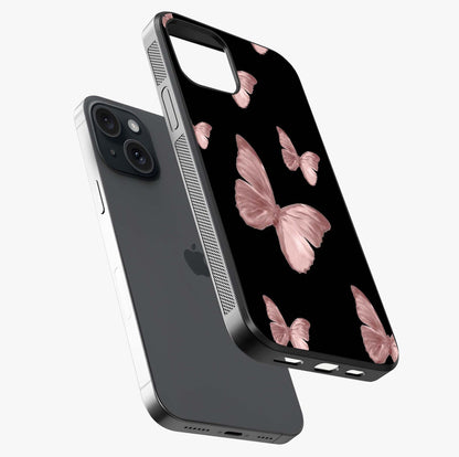 Butterfly Pattern Glass Case laid diagonally highlighting side profile, edges and glossy glass shine.