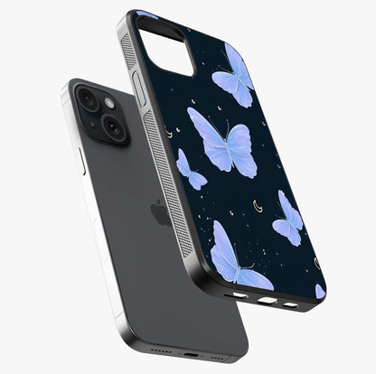 Butterfly With Stars Pattern Glass Case laid diagonally highlighting side profile, edges and glossy glass shine.