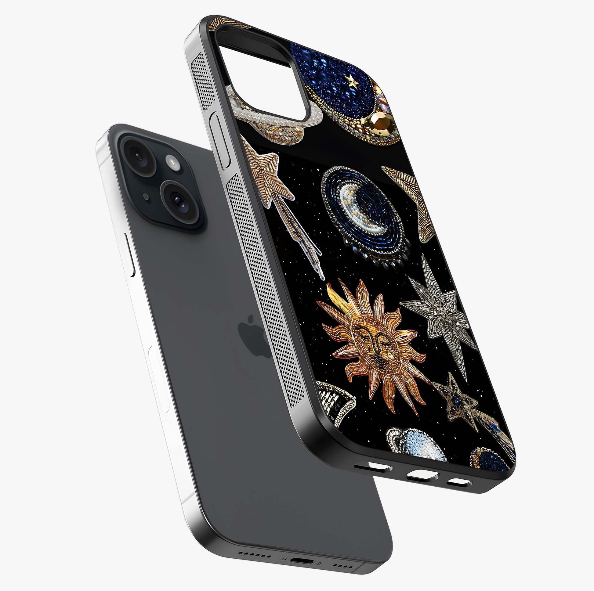 Celestial Gem Constellations Glass Case laid diagonally highlighting side profile, edges and glossy glass shine.