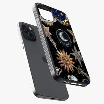 Celestial Gem Constellations Glass Case laid diagonally highlighting side profile, edges and glossy glass shine.
