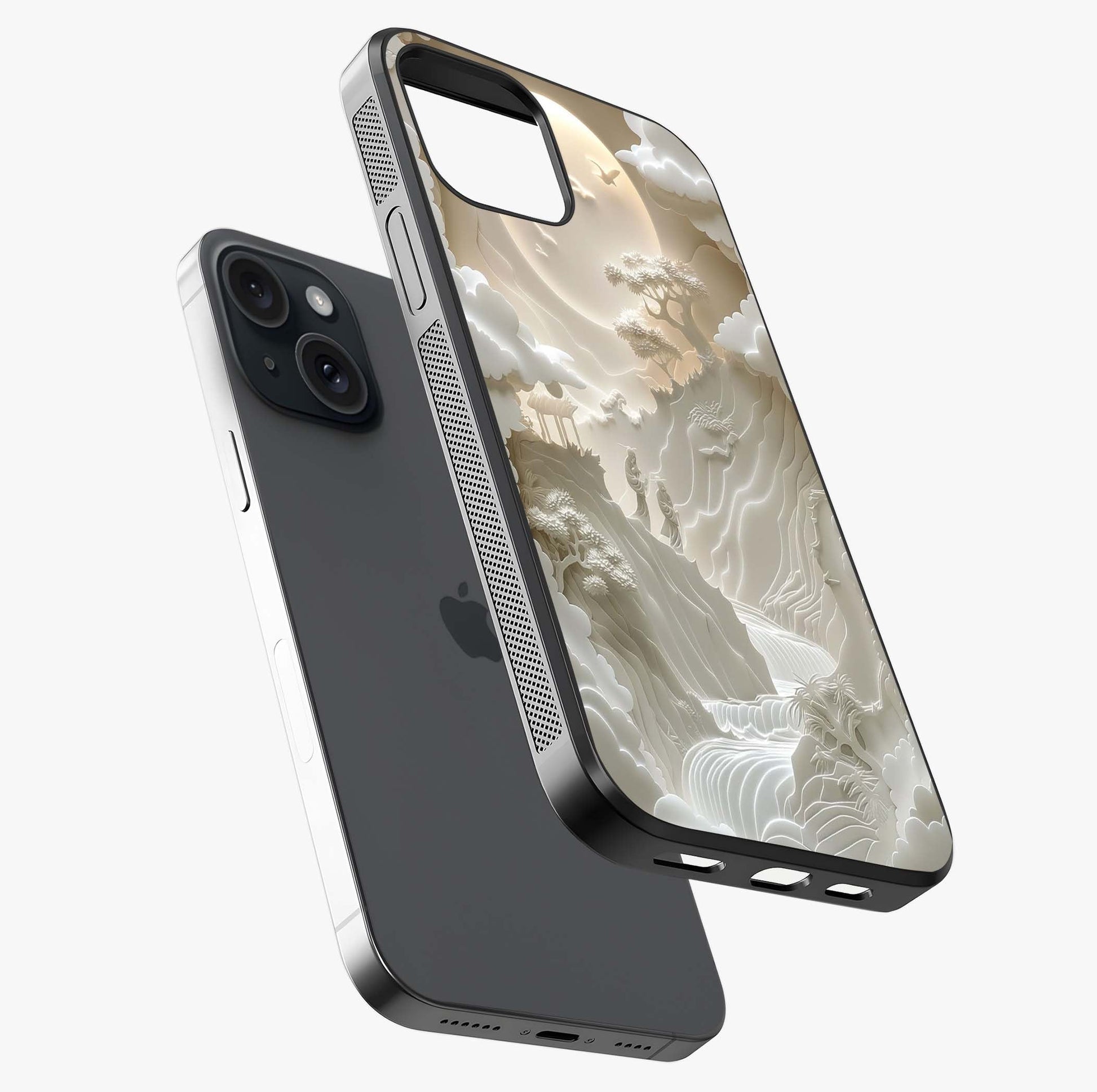 Celestial Origami Glass Case laid diagonally highlighting side profile, edges and glossy glass shine.