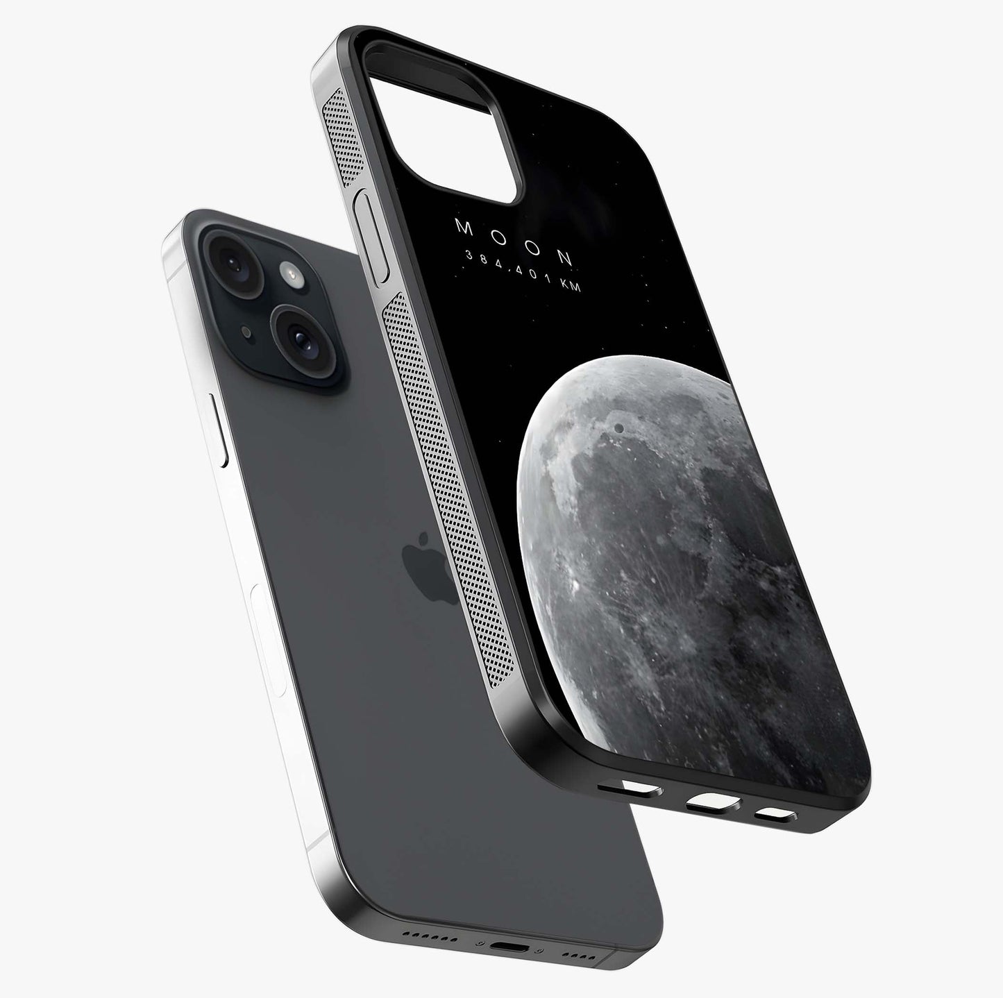 Cosmic Moon Glow Glass Case laid diagonally highlighting side profile, edges and glossy glass shine.