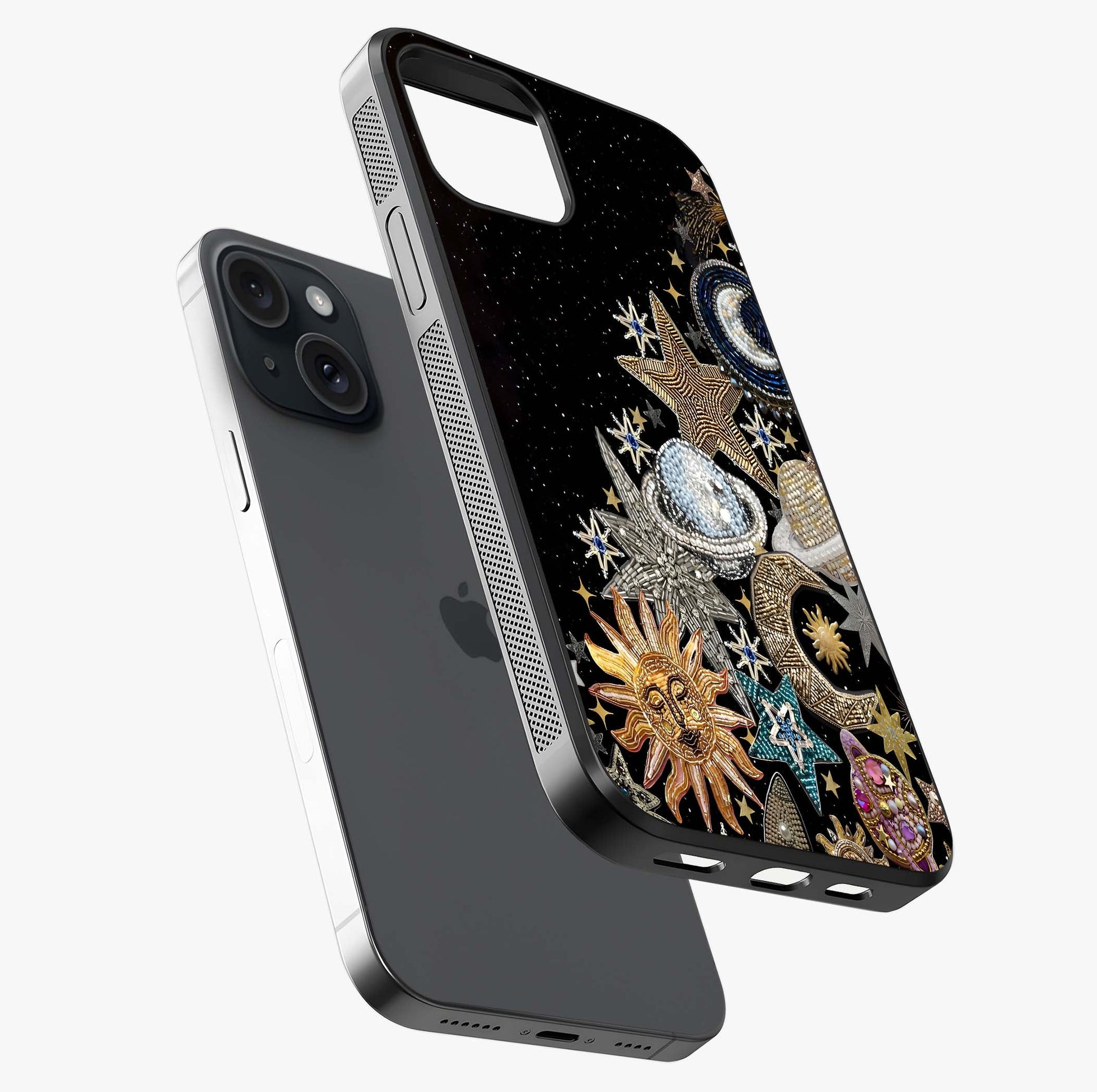 Cosmic Sparkle Dreams Glass Case laid diagonally highlighting side profile, edges and glossy glass shine.