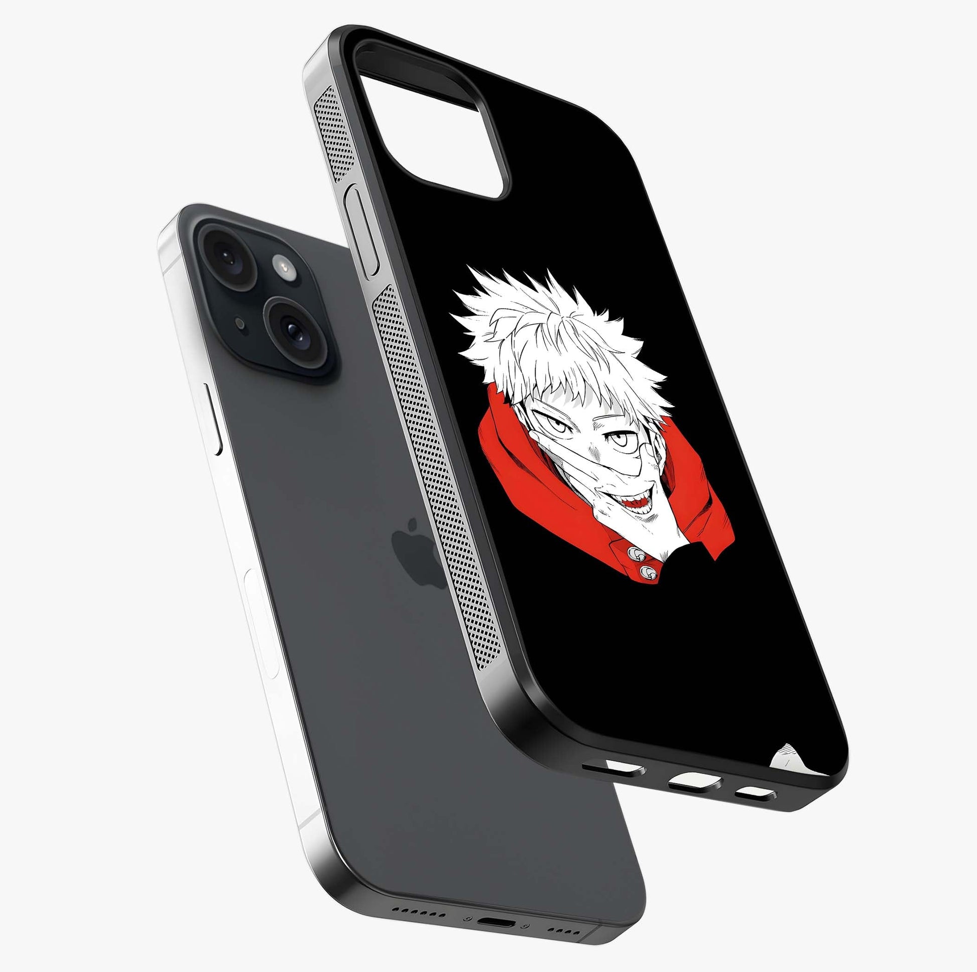 Crimson Chaos Smile Glass Case laid diagonally highlighting side profile, edges and glossy glass shine.
