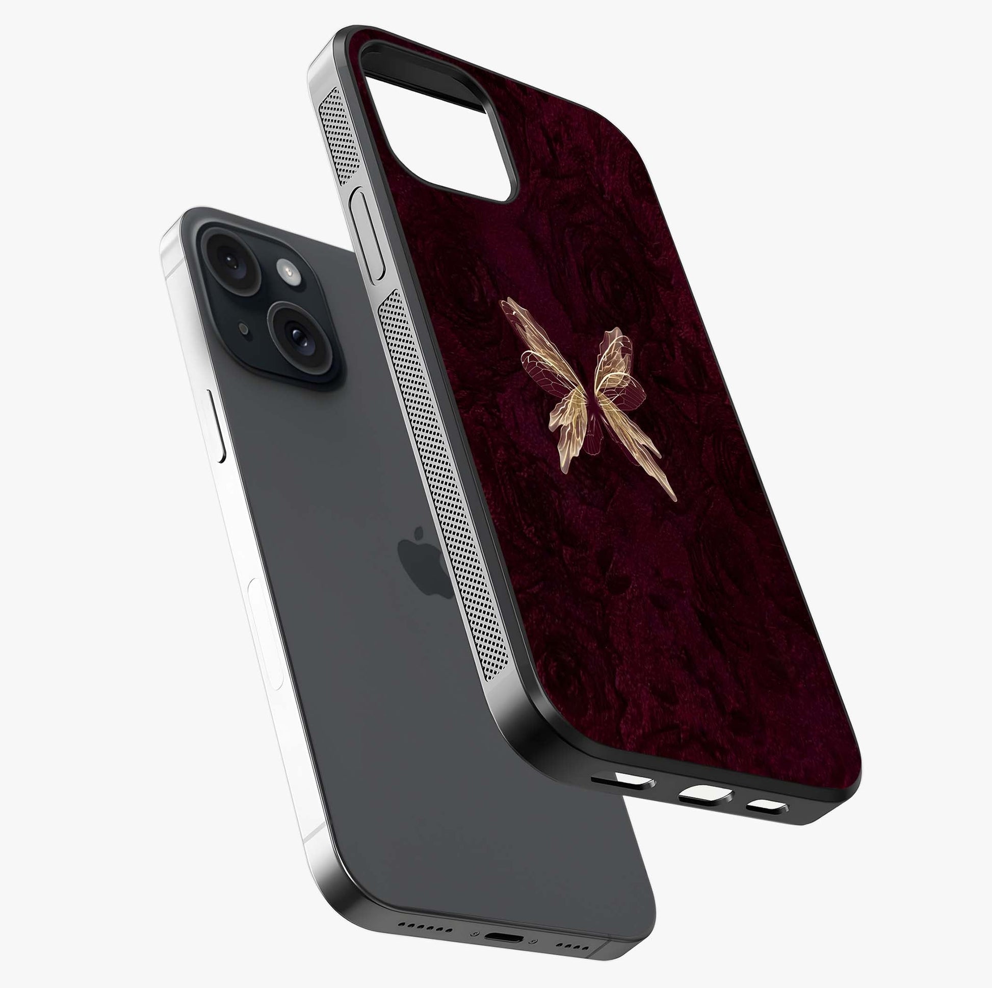 Crimson Fade Butterfly Glass Case laid diagonally highlighting side profile, edges and glossy glass shine.