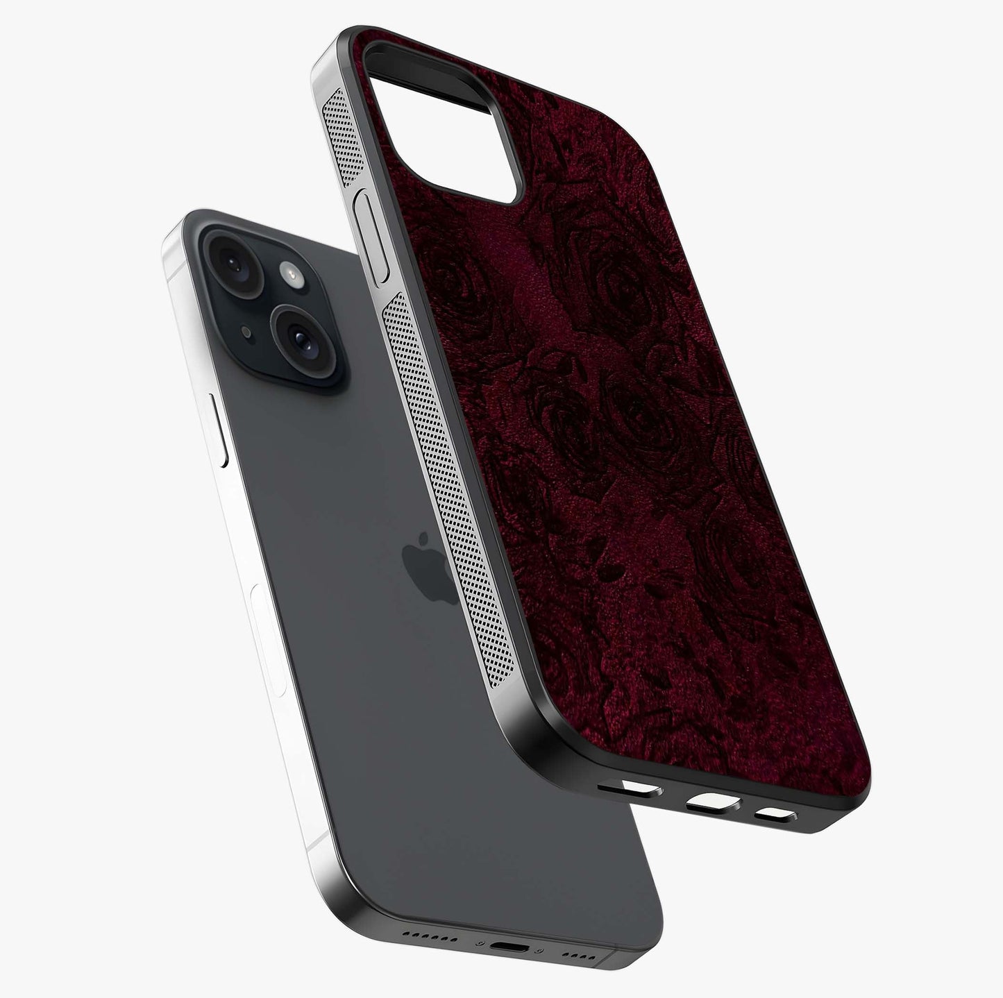 Crimson Fade Flow Glass Case laid diagonally highlighting side profile, edges and glossy glass shine.