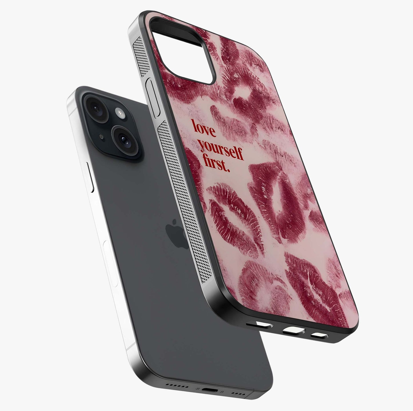 Crimson Kiss Love Glass Case laid diagonally highlighting side profile, edges and glossy glass shine.