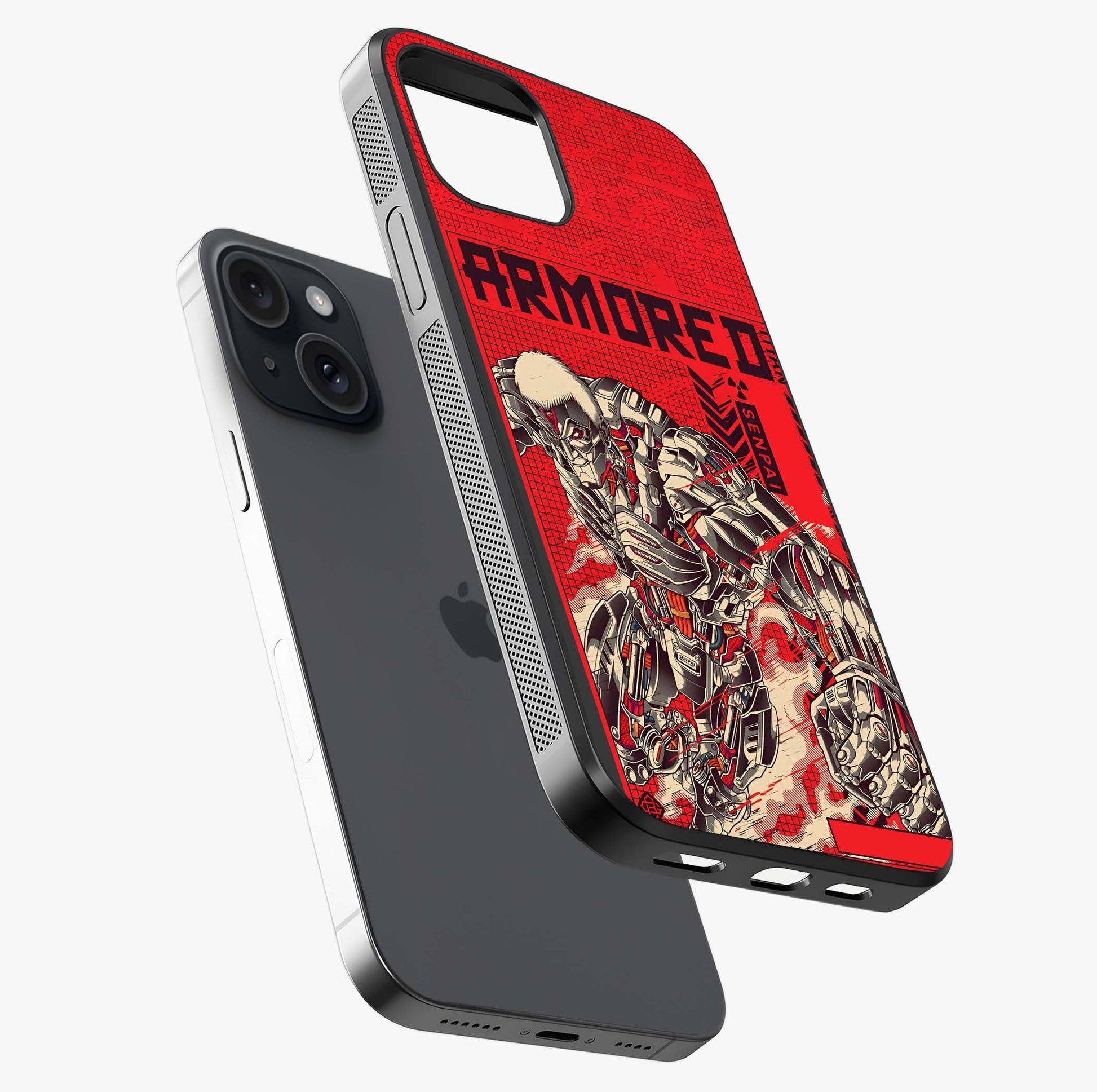 Crimson Mecha Titan Glass Case laid diagonally highlighting side profile, edges and glossy glass shine.
