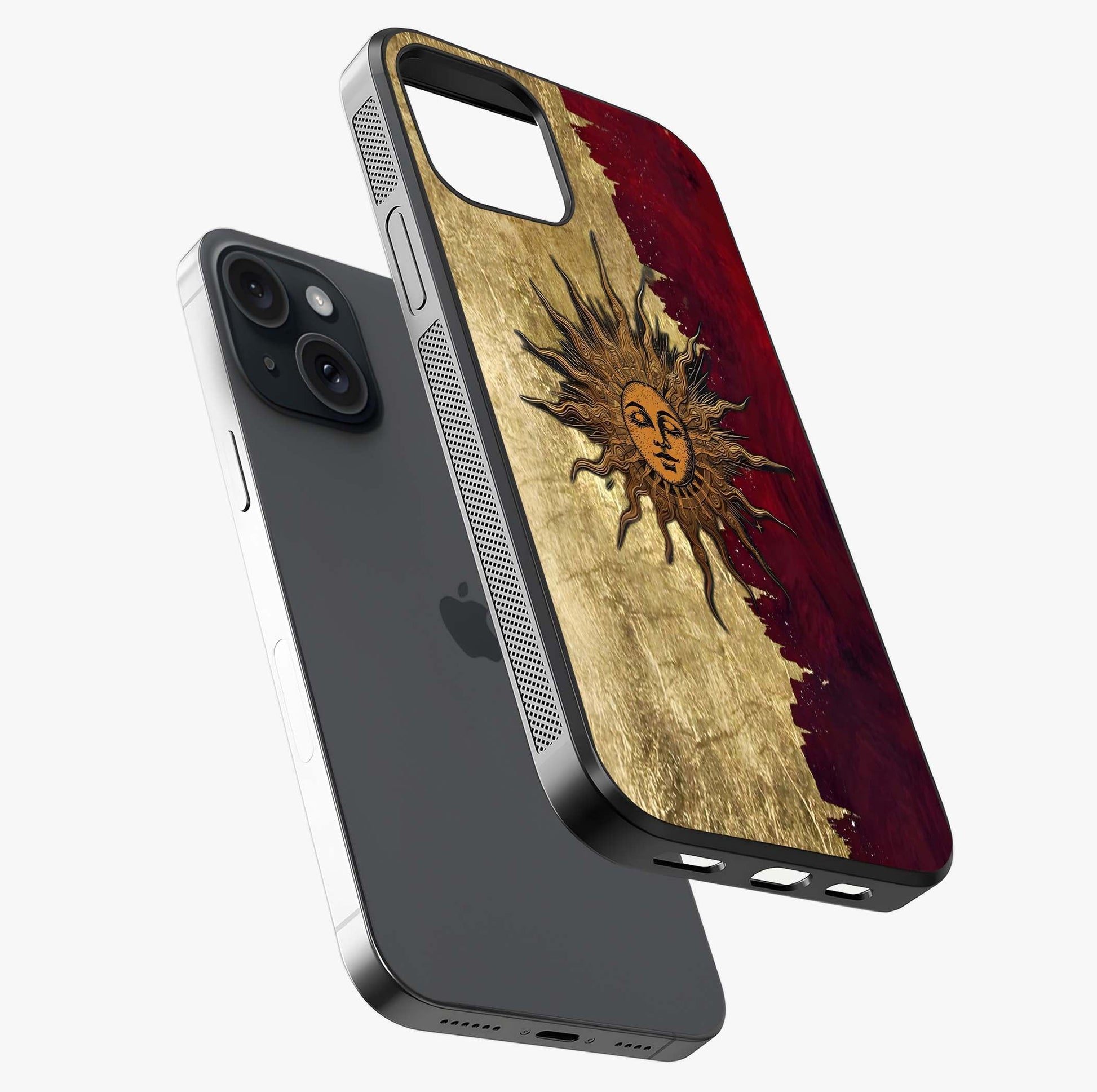 Crimson Sun Majesty Glass Case laid diagonally highlighting side profile, edges and glossy glass shine.
