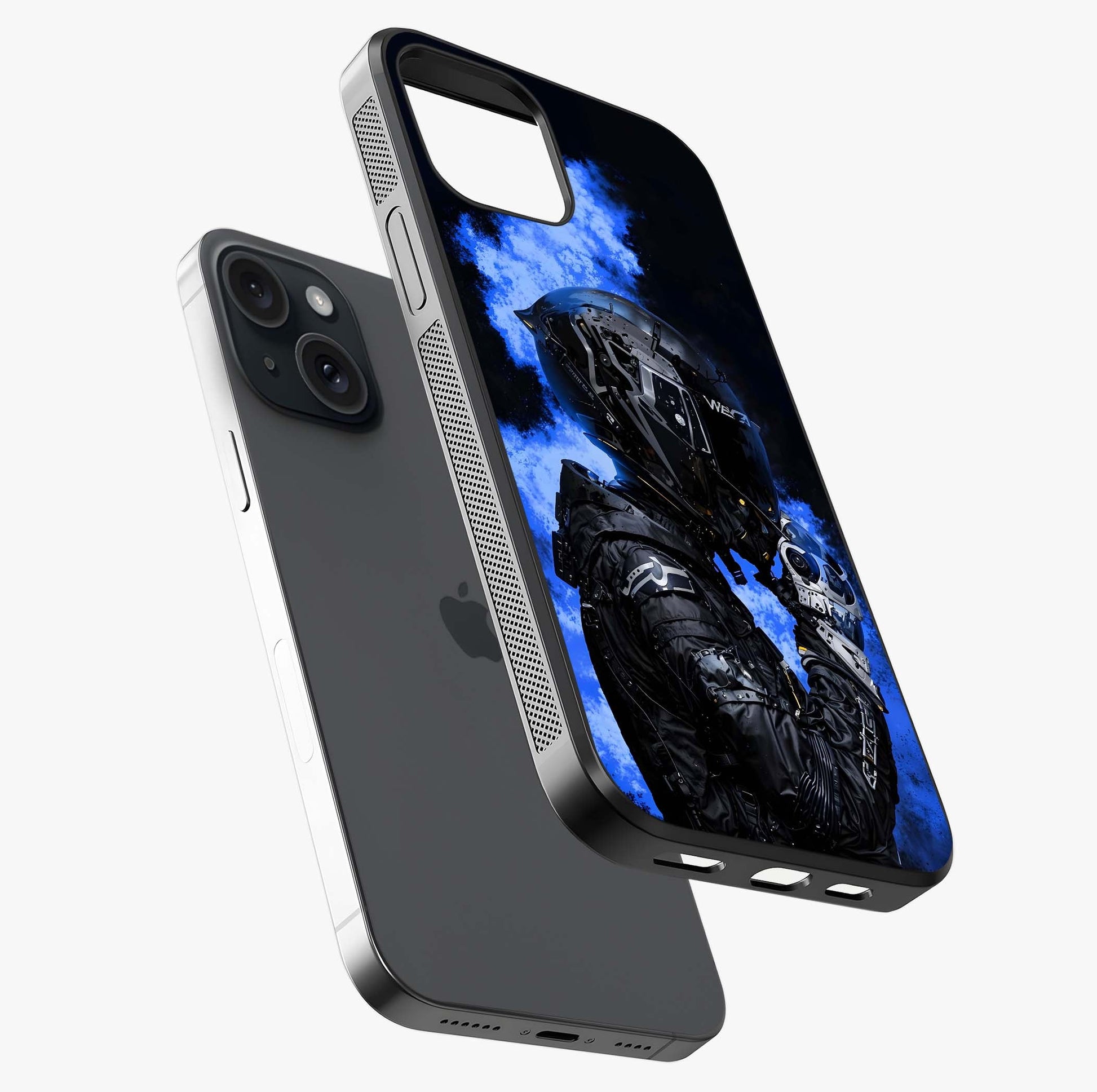 Cyber Sentinel Protocol Glass Case laid diagonally highlighting side profile, edges and glossy glass shine.
