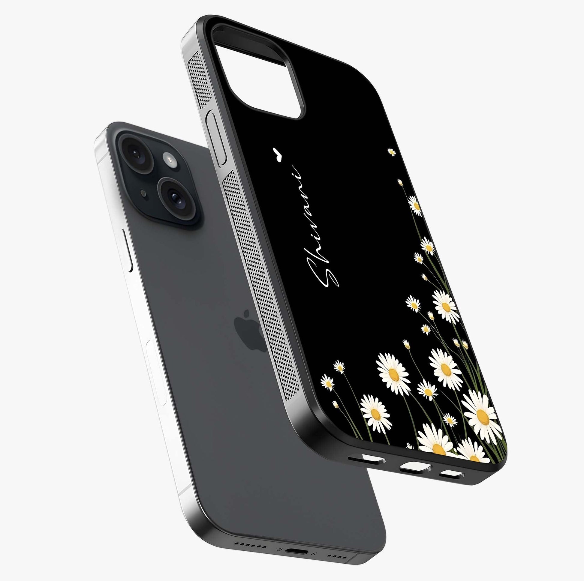 Daisy Cascade Custom Name Glass Case laid diagonally highlighting side profile, edges and glossy glass shine.