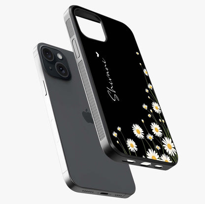 Daisy Cascade Custom Name Glass Case laid diagonally highlighting side profile, edges and glossy glass shine.