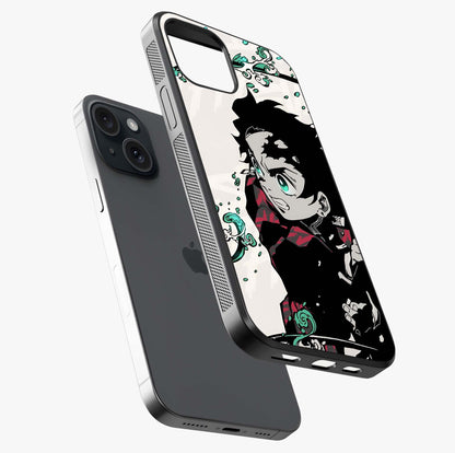 Demon Slayer Glass Case laid diagonally highlighting side profile, edges and glossy glass shine.