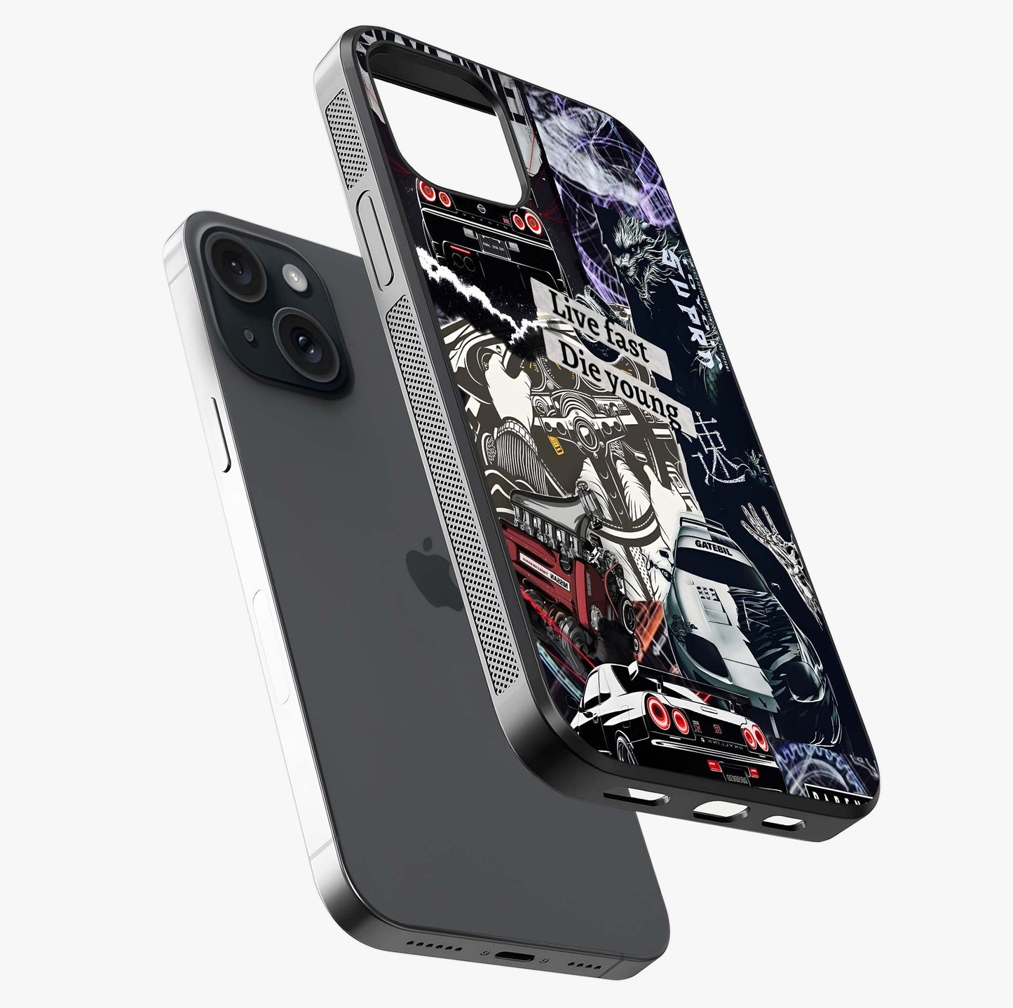 Die Young Glass Case laid diagonally highlighting side profile, edges and glossy glass shine.