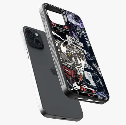 Die Young Glass Case laid diagonally highlighting side profile, edges and glossy glass shine.