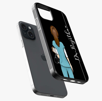 Doctor Pattern Custom Name Glass Case laid diagonally highlighting side profile, edges and glossy glass shine.