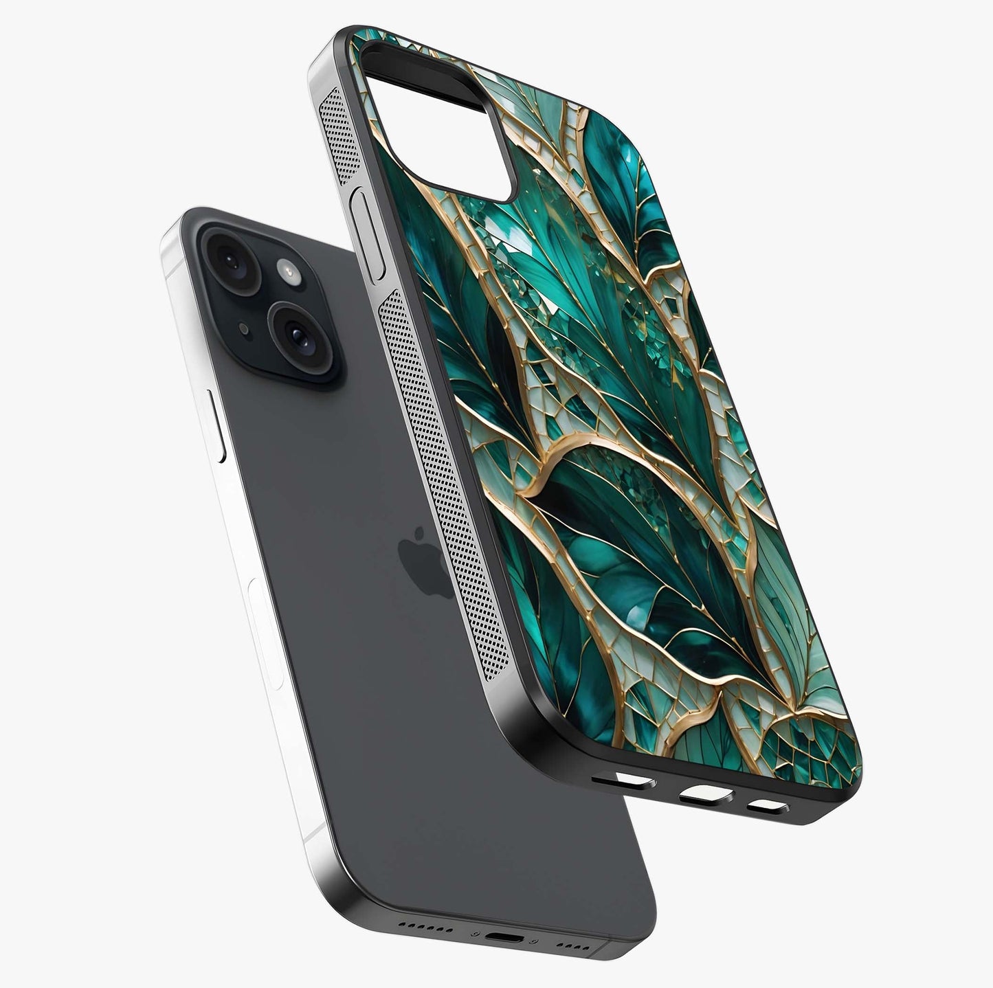 Emerald Leaf Glass Glass Case laid diagonally highlighting side profile, edges and glossy glass shine.
