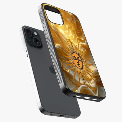 Eternal Golden Glow Glass Case laid diagonally highlighting side profile, edges and glossy glass shine.