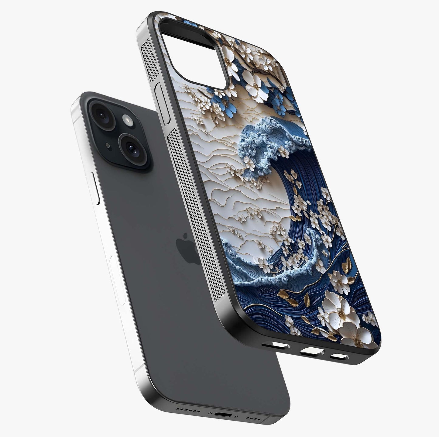 Floral Wave Origami Glass Case laid diagonally highlighting side profile, edges and glossy glass shine.