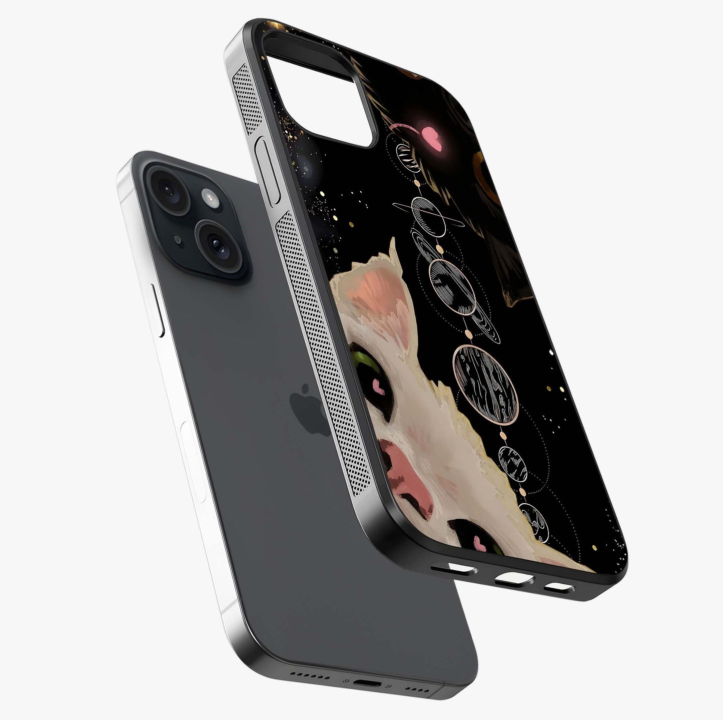 Galactic Cat Glass Case laid diagonally highlighting side profile, edges and glossy glass shine.
