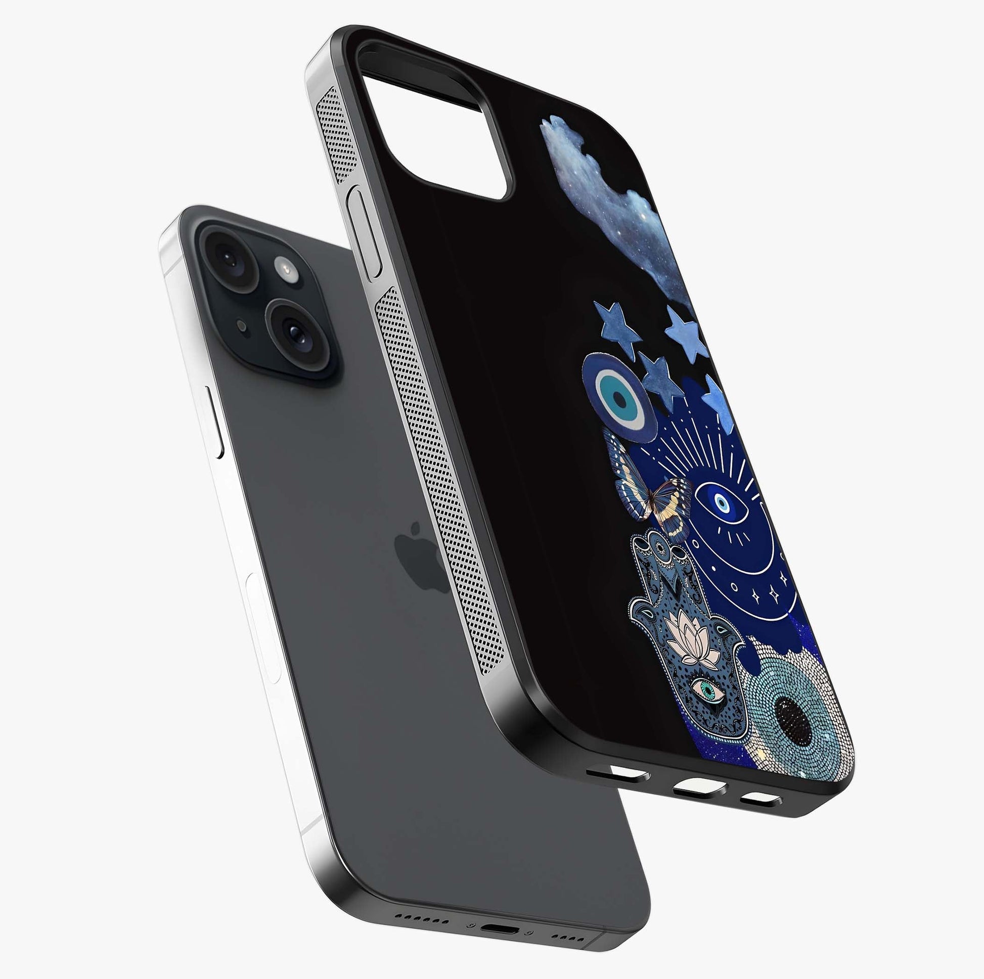 Galactic Charm Cluster Glass Case laid diagonally highlighting side profile, edges and glossy glass shine.