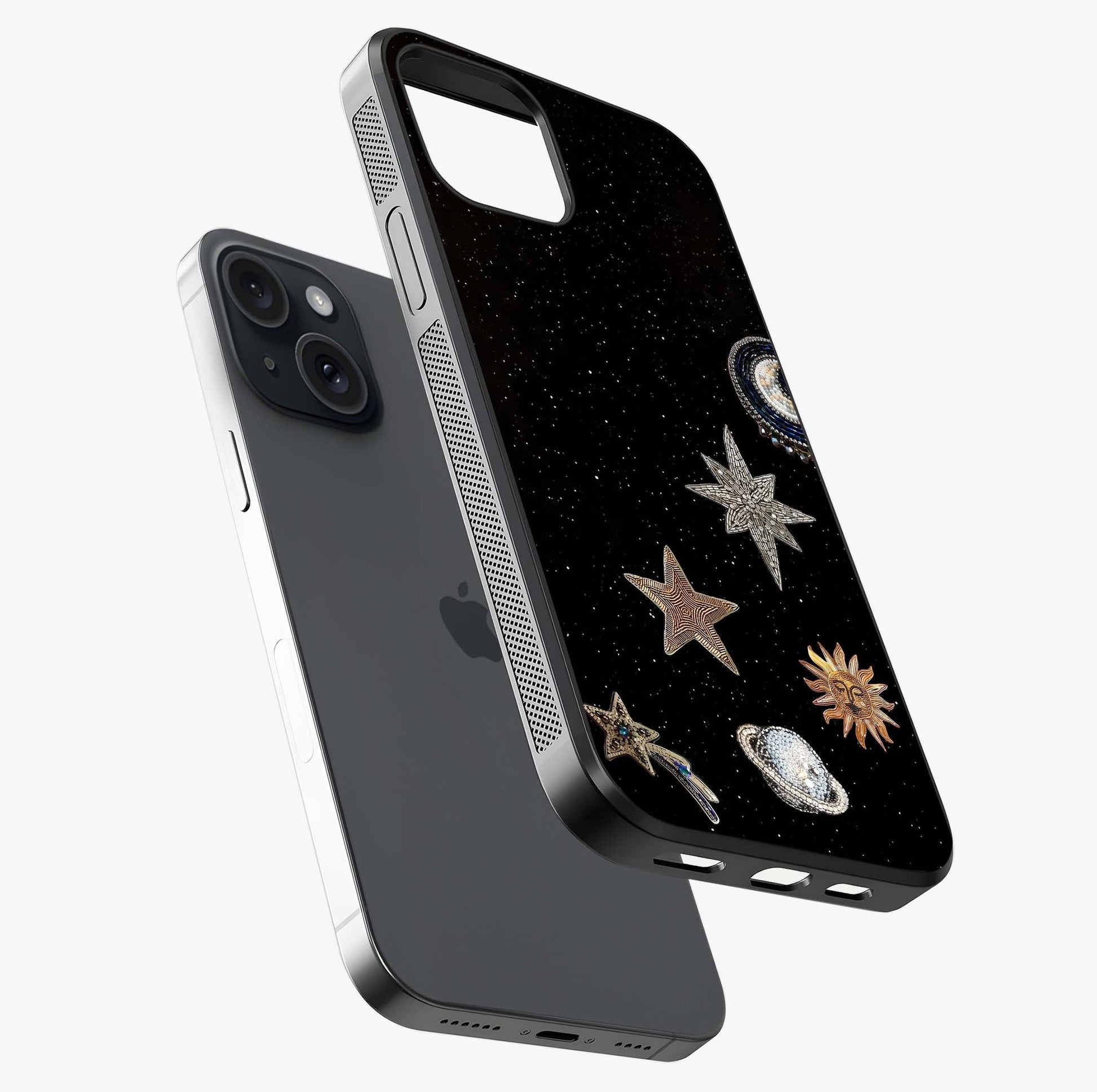 Galactic Charm Glow Glass Case laid diagonally highlighting side profile, edges and glossy glass shine.