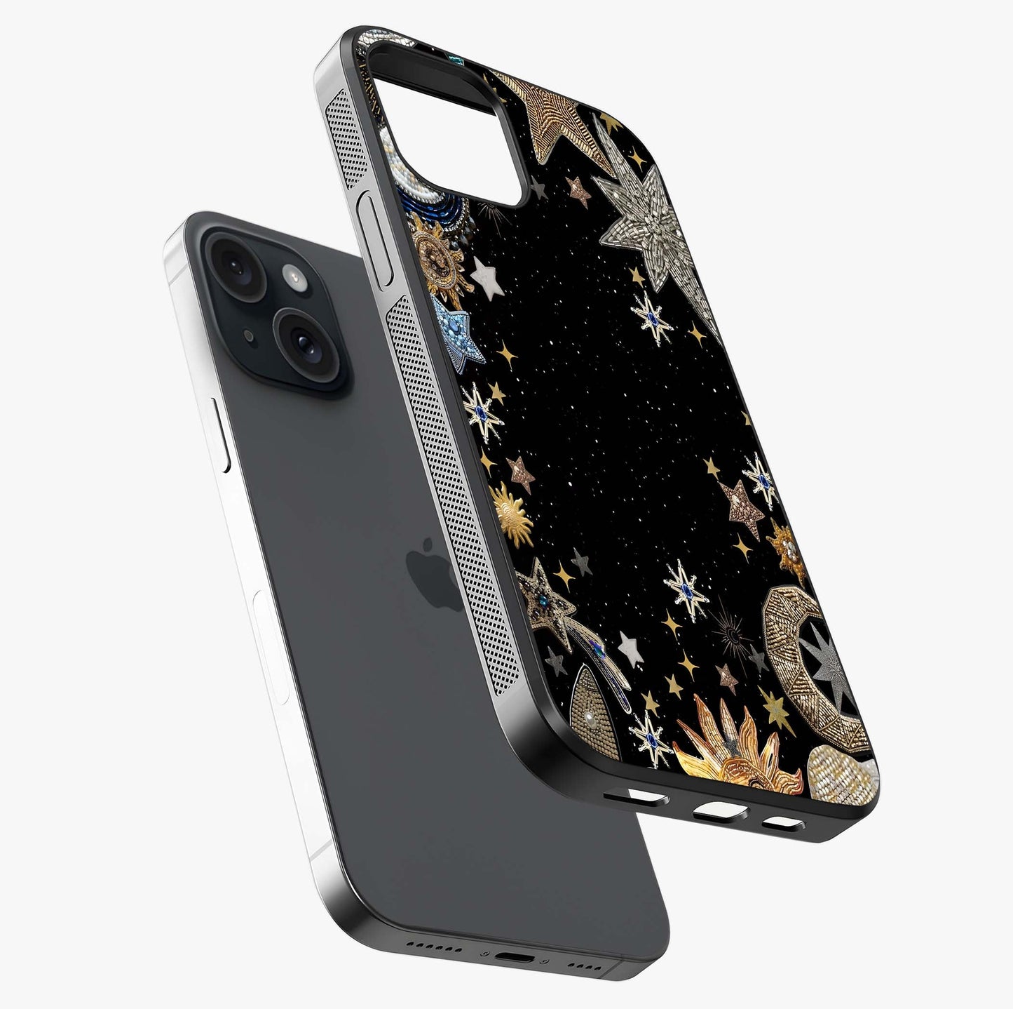 Galactic Jewel Stars Glass Case laid diagonally highlighting side profile, edges and glossy glass shine.