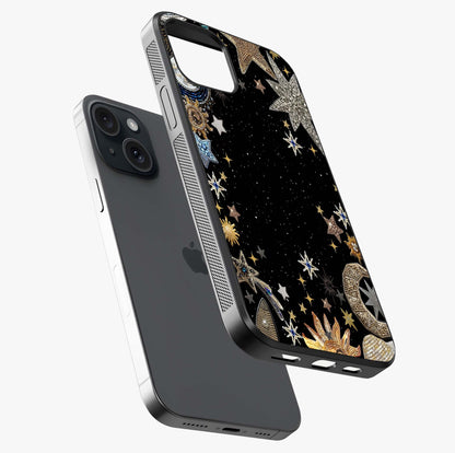 Galactic Jewel Stars Glass Case laid diagonally highlighting side profile, edges and glossy glass shine.