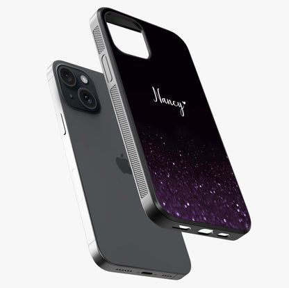 Glittery Purple Bokeh Custom Name Glass Case laid diagonally highlighting side profile, edges and glossy glass shine.