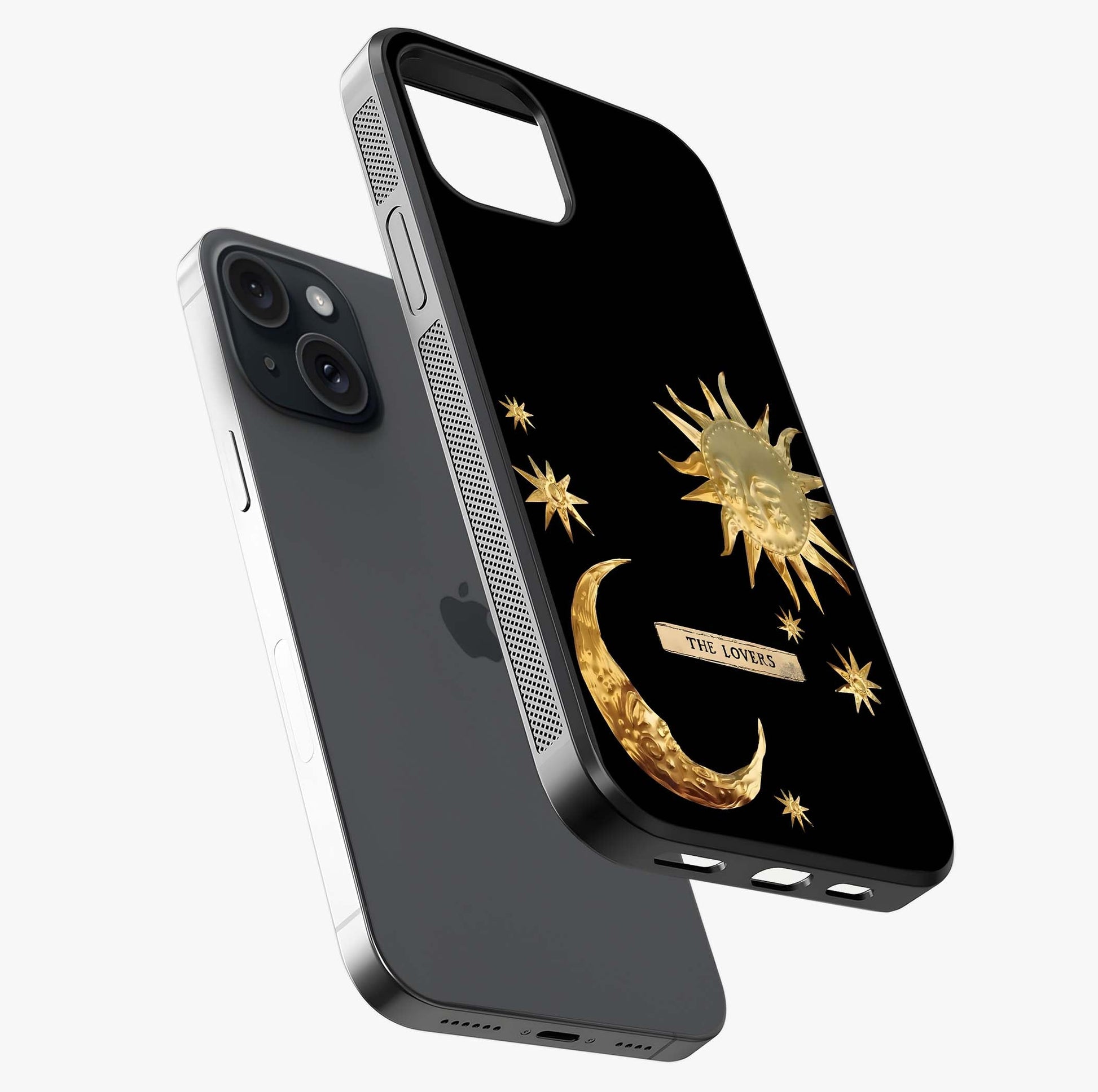 Golden Celestial Charm Glass Case laid diagonally highlighting side profile, edges and glossy glass shine.