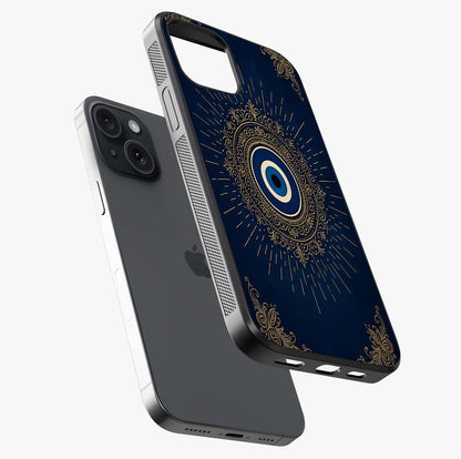Golden Evil Eye Mandala Glass Case laid diagonally highlighting side profile, edges and glossy glass shine.