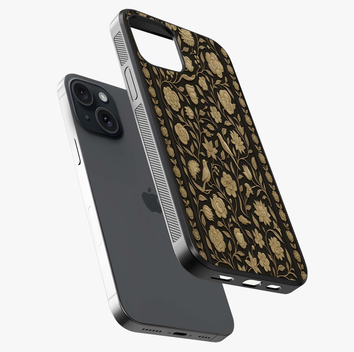 Golden Floral Majesty Glass Case laid diagonally highlighting side profile, edges and glossy glass shine.