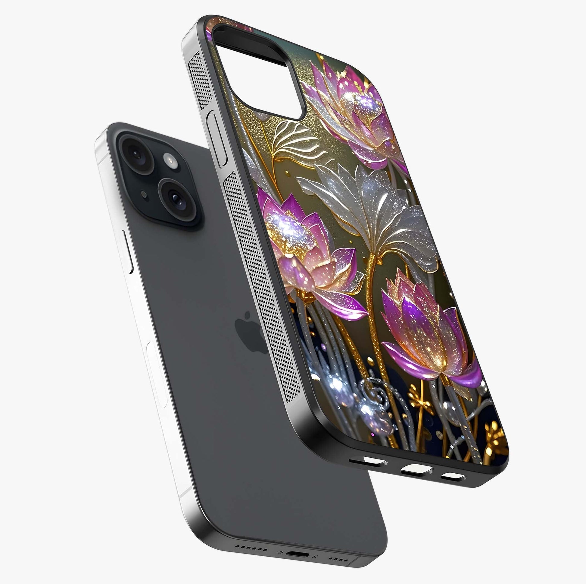 Golden Lotus Glow Glass Case laid diagonally highlighting side profile, edges and glossy glass shine.