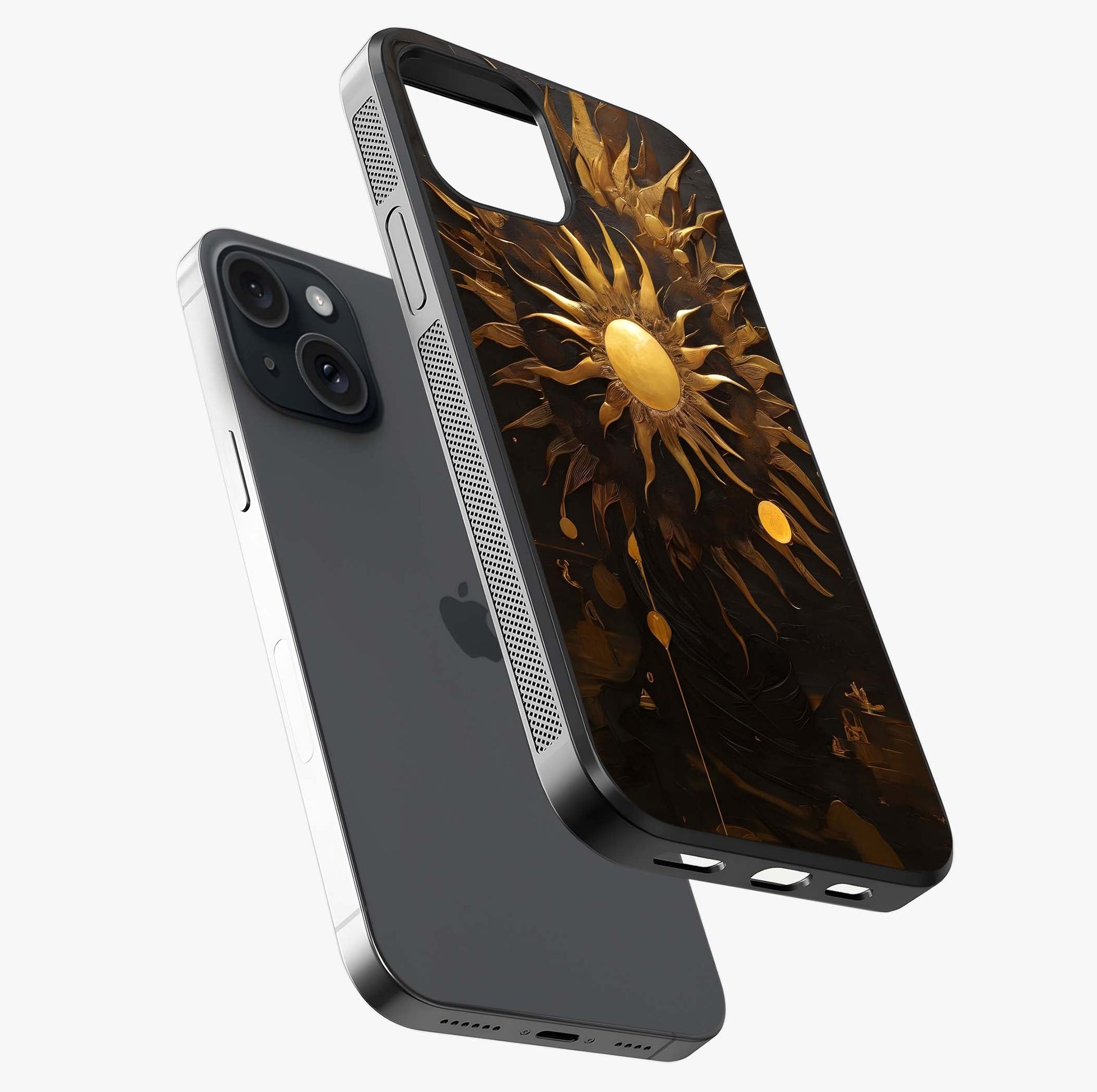 Golden Sun Majesty Glass Case laid diagonally highlighting side profile, edges and glossy glass shine.