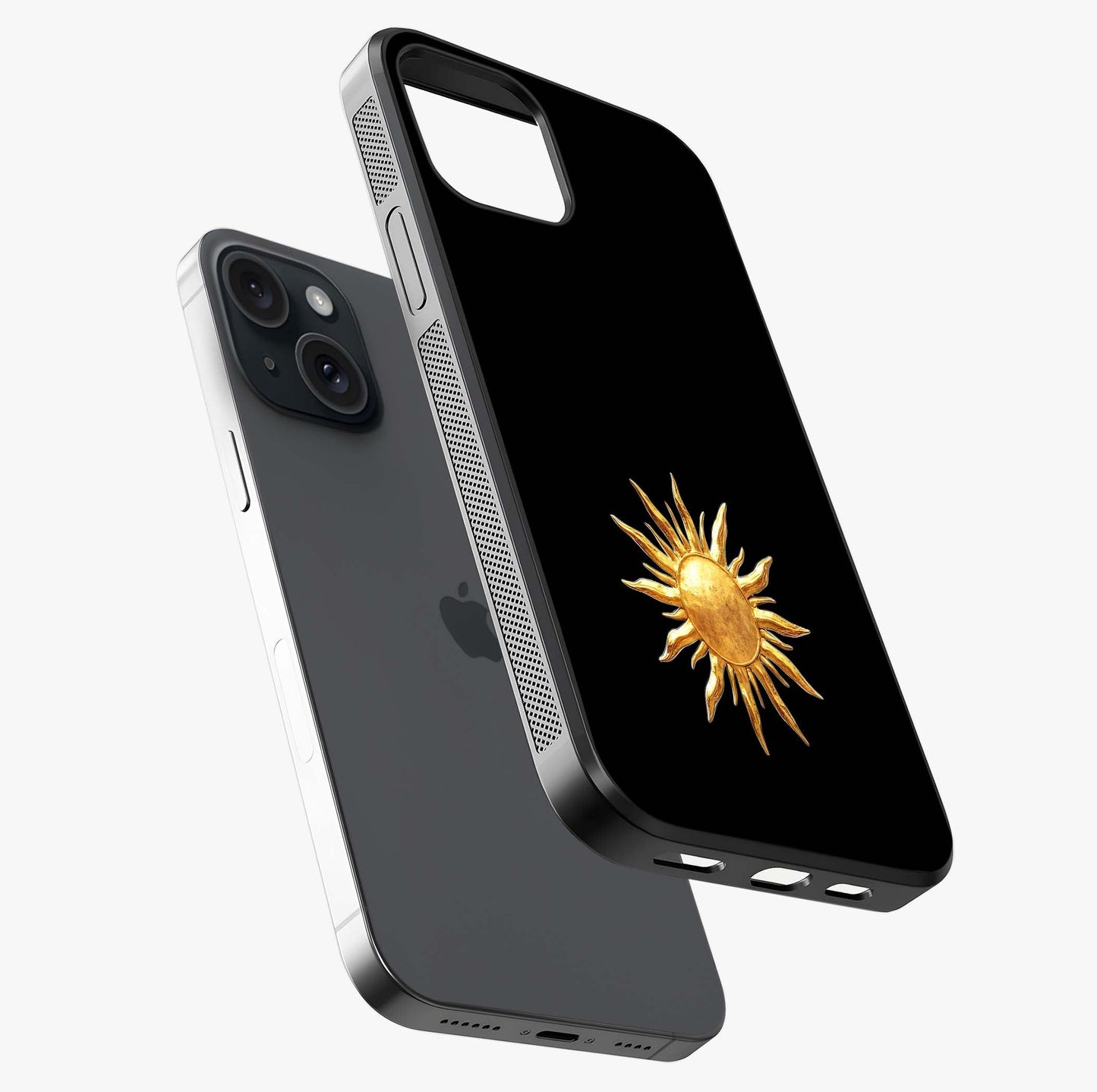 Golden Sun Minimalism Glass Case laid diagonally highlighting side profile, edges and glossy glass shine.