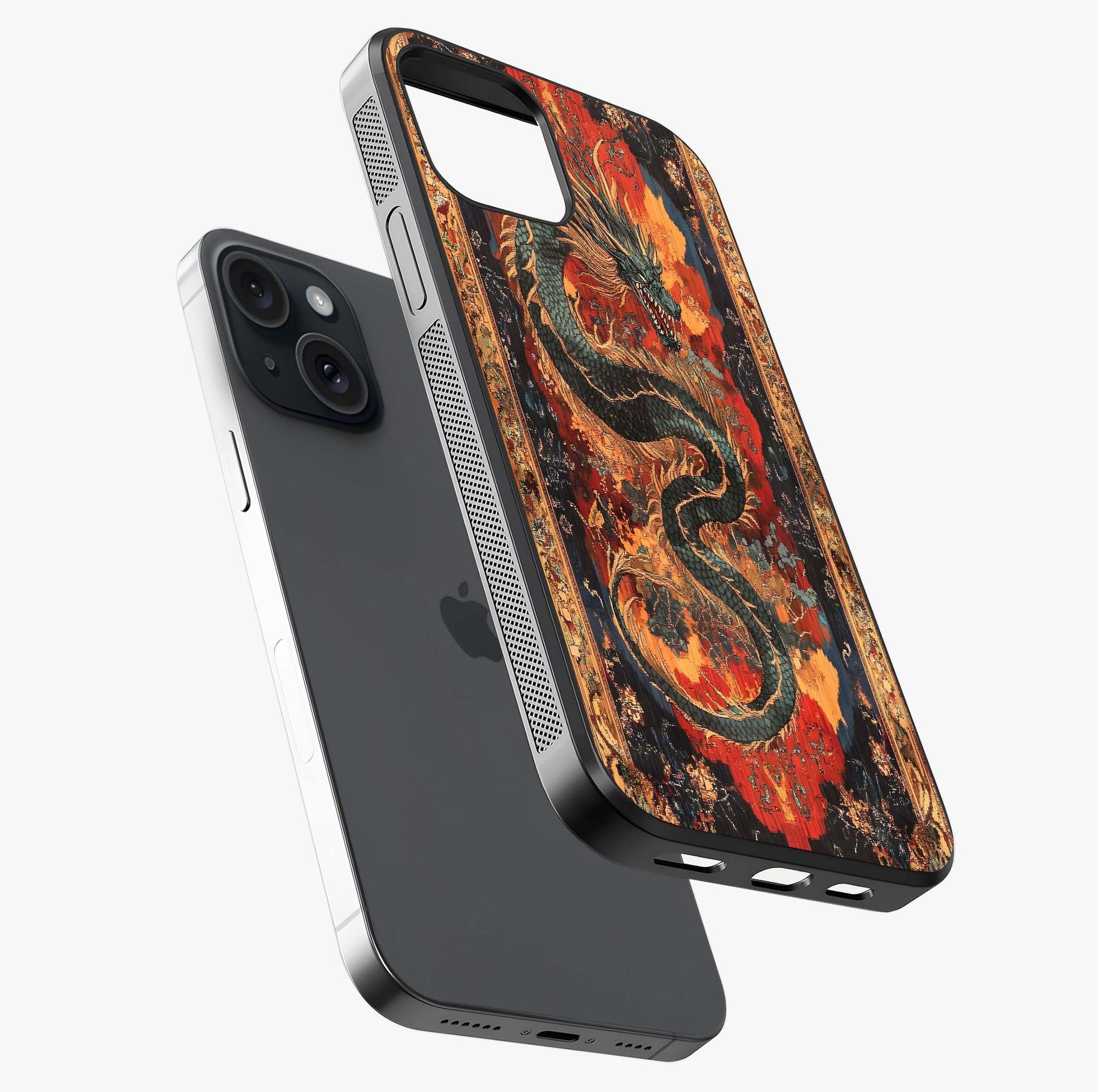 Inferno Dragon Soul Glass Case laid diagonally highlighting side profile, edges and glossy glass shine.