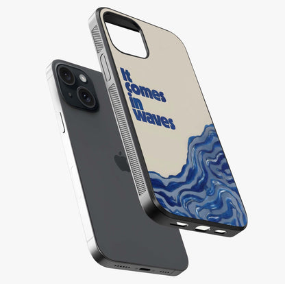 It Comes In Waves Quote Glass Case laid diagonally highlighting side profile, edges and glossy glass shine.