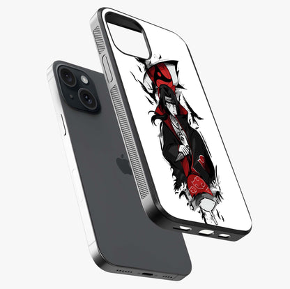 Itachi Sharingan Glass Case laid diagonally highlighting side profile, edges and glossy glass shine.