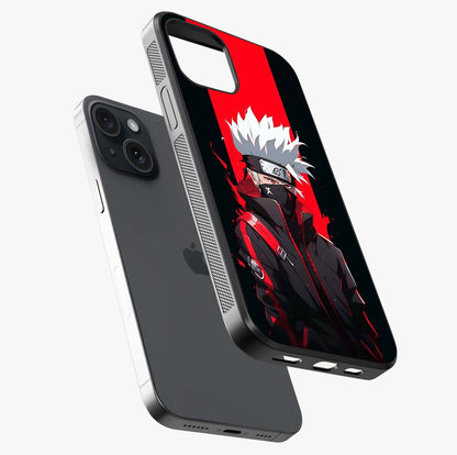 Kakashi Scarlet Shadow Glass Case laid diagonally highlighting side profile, edges and glossy glass shine.