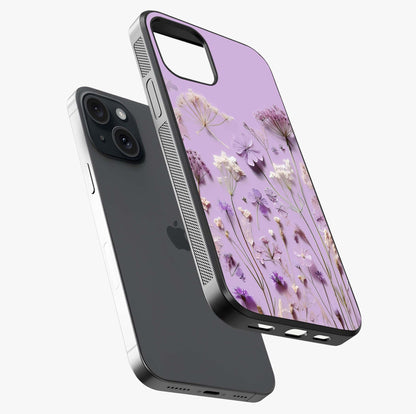 Lavender Blossom Dream Glass Case laid diagonally highlighting side profile, edges and glossy glass shine.